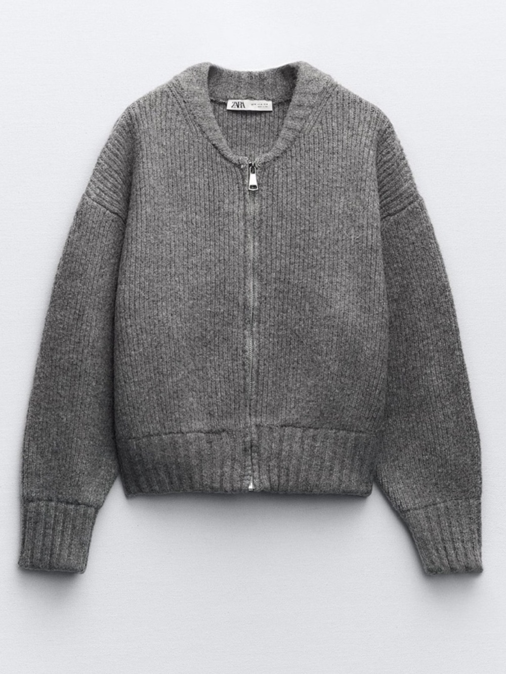Zara Zippered Knit Cardigan Bomber Jacket Gray Silver Boxy Sweater Size S